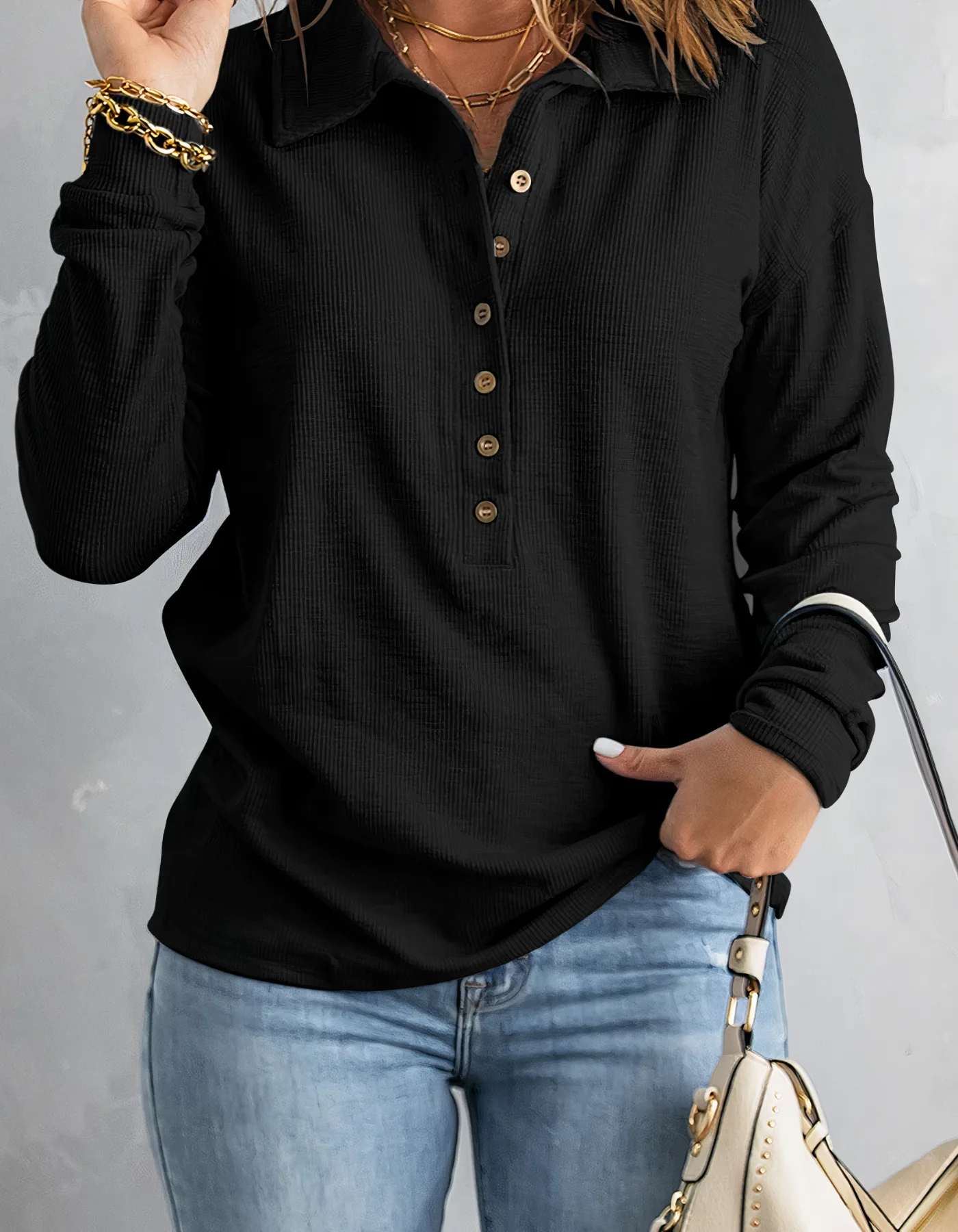 Dames Longsleeve Top met Kraag en Knopen – Casual Blouse met Lange Mouwen