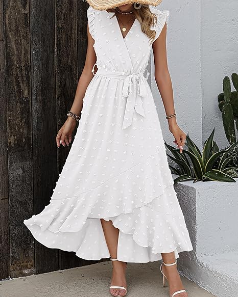 Maxi-jurk met structuurstof en ruches – Elegante zomerjurk met V-hals en strikceintuur