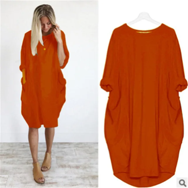 Lange oversized T-shirt jurk met zakken – Casual damesjurk met opgerolde mouwen