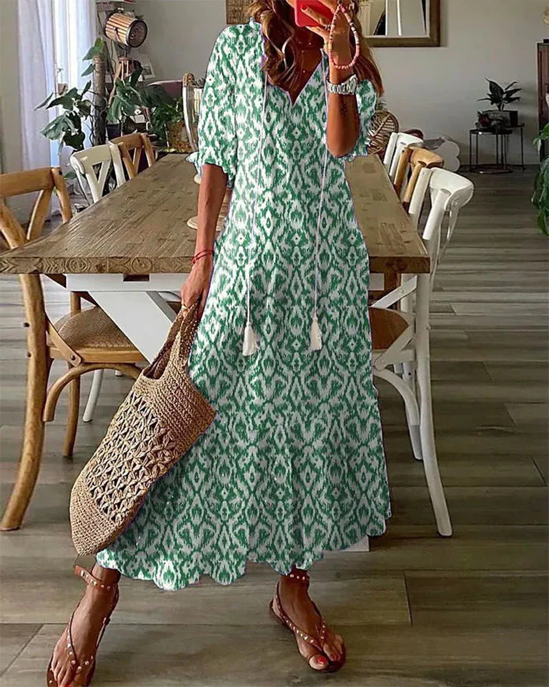 Maxi Jurk Dames – Boho Print met Koorddetail