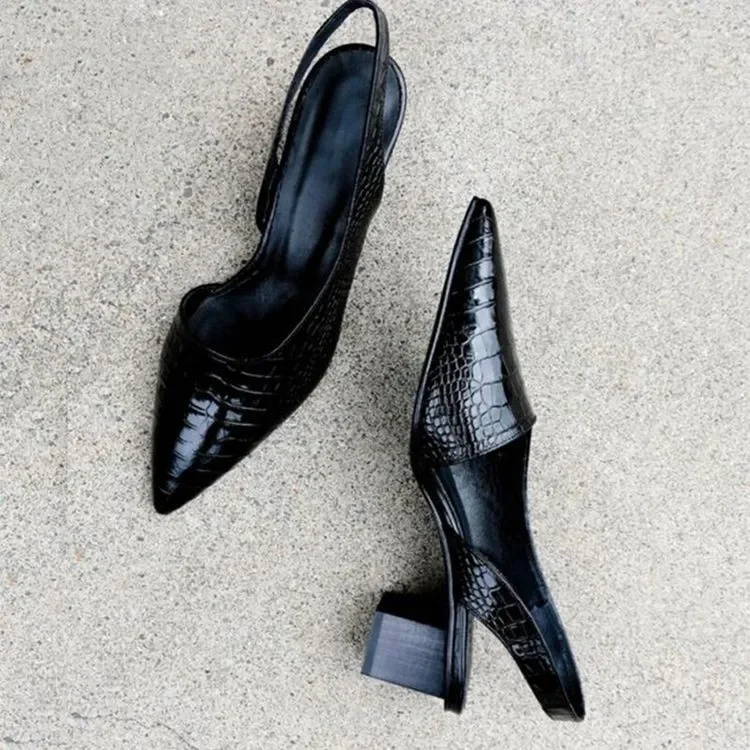 Dames slingback hakken – Puntige neus met blokhak en krokodillenstructuur