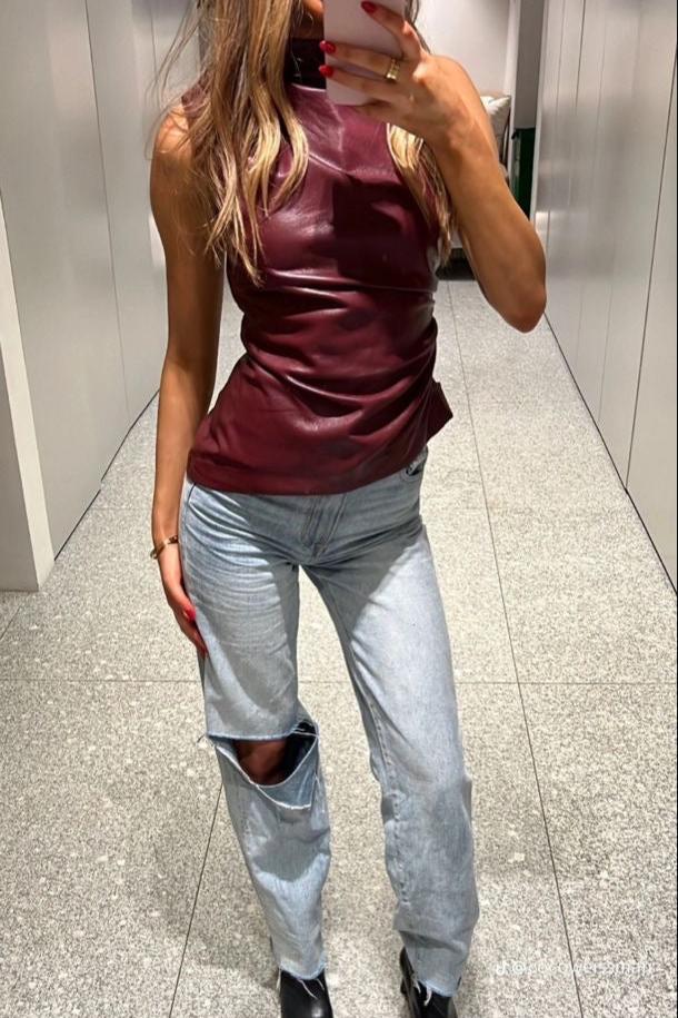 Mouwloze vegan leren top – Elegante look met moderne edge