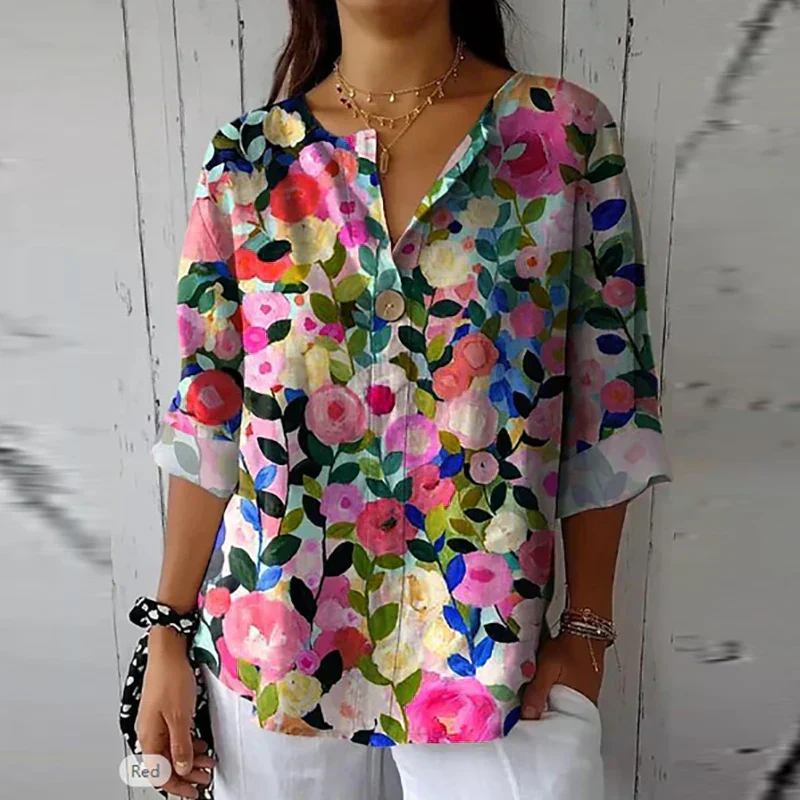 Damesblouse met bloemenprint – Losvallend model en V-hals met knoop