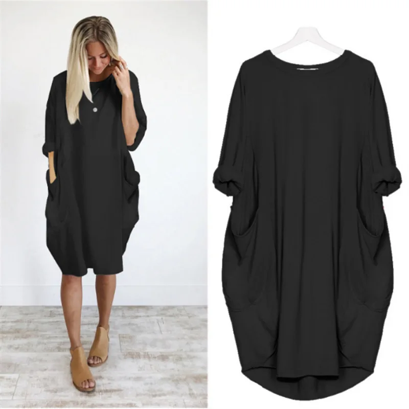 Lange oversized T-shirt jurk met zakken – Casual damesjurk met opgerolde mouwen