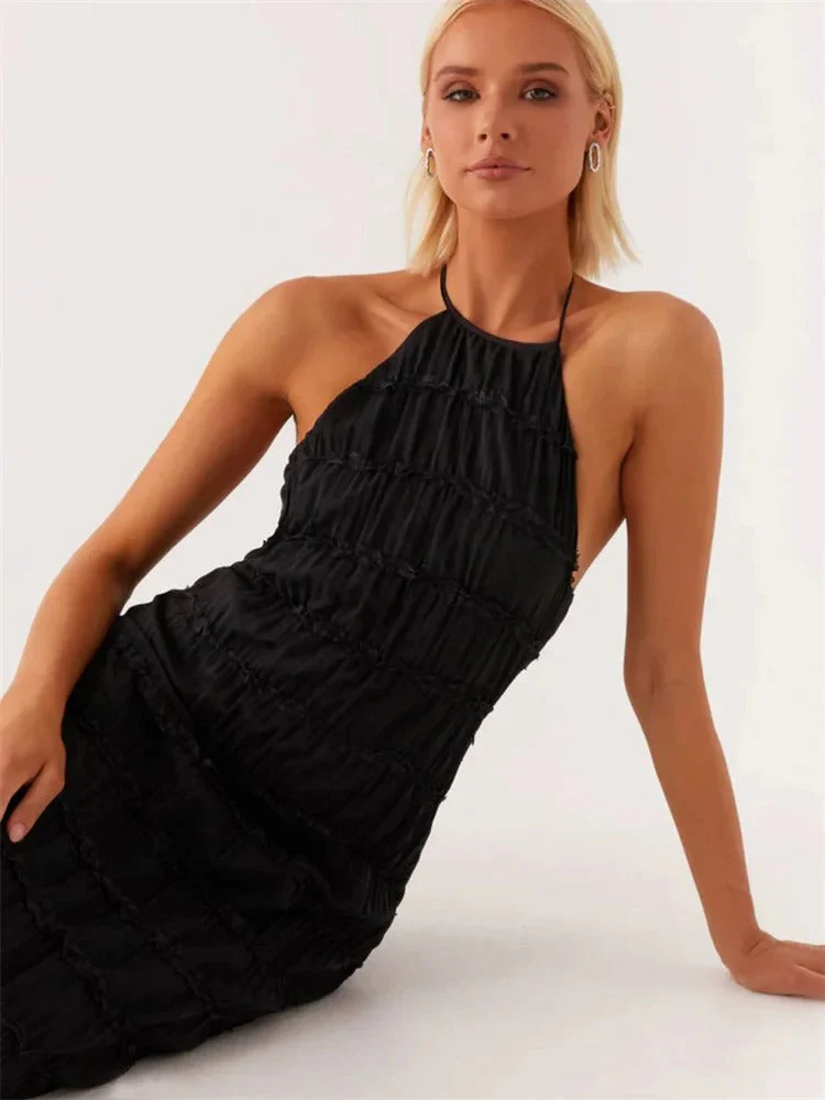 Dames Halter Maxi Jurk – Mouwloze Lange Jurk met Open Rug en Plisséstructuur