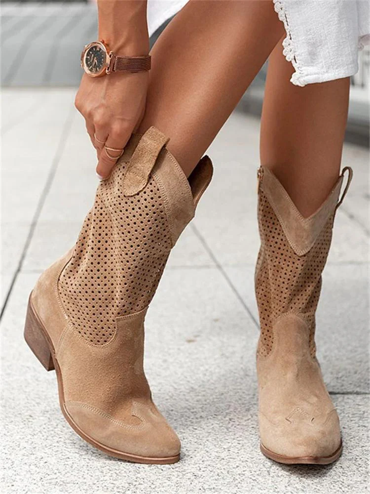 Dames Cowboylaarzen met Geperforeerd Schachtontwerp – Lage Hak en Puntige Neus