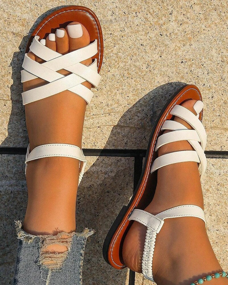 Dames Platte Sandalen met Kruisbanden – Elastische Hielband en Open Teen