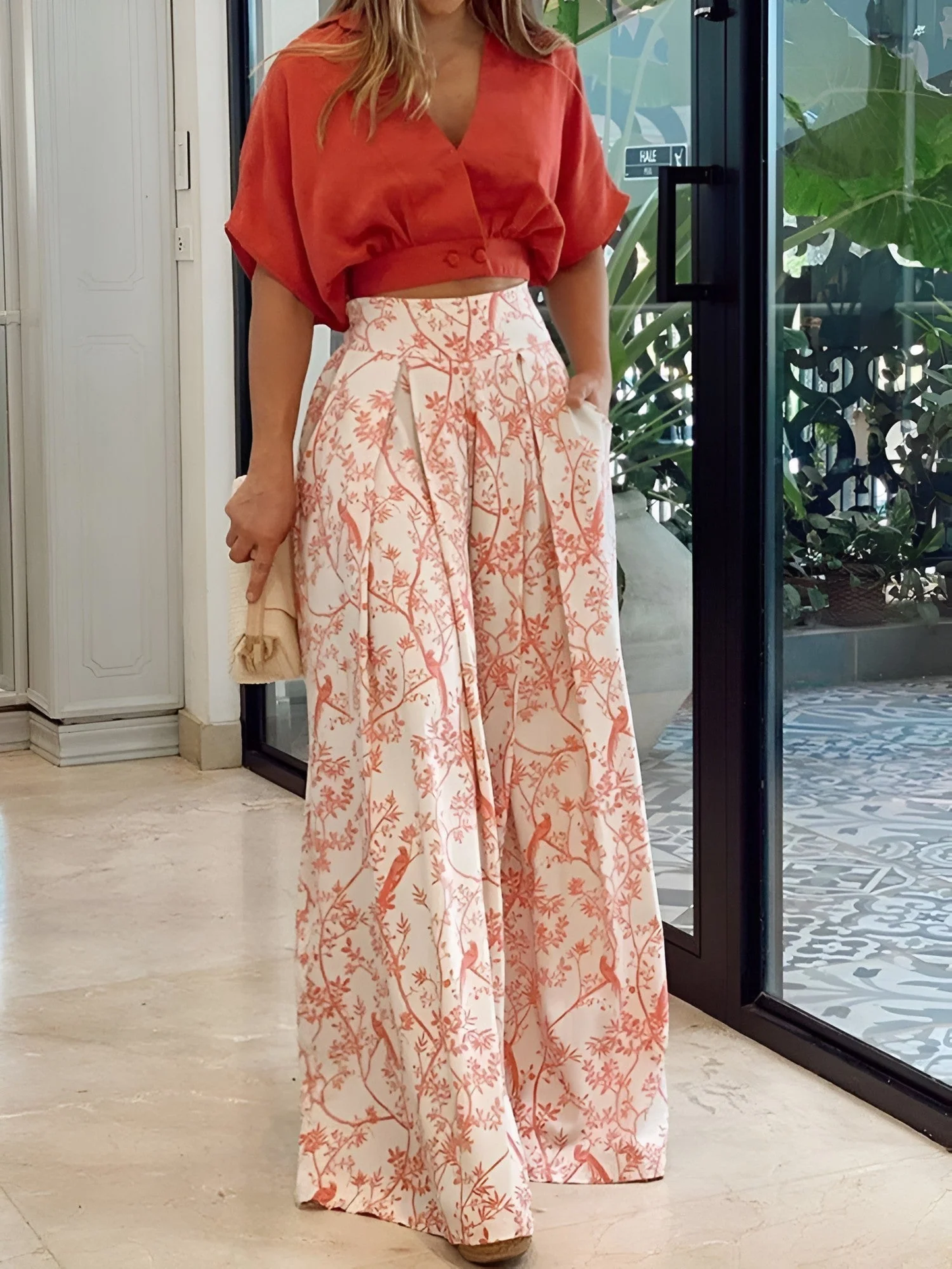 Tweedelige set – Cropped blouse & wijde high-waist broek