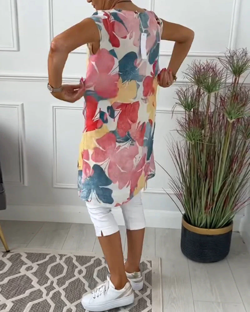 Dames Jurk - Bloemenprint - Linnen Look - Mouwloos - Zomerjurk
