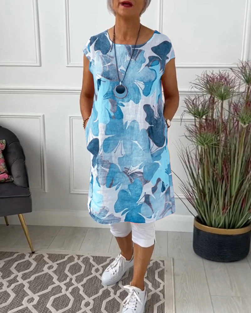 Dames Jurk - Bloemenprint - Linnen Look - Mouwloos - Zomerjurk