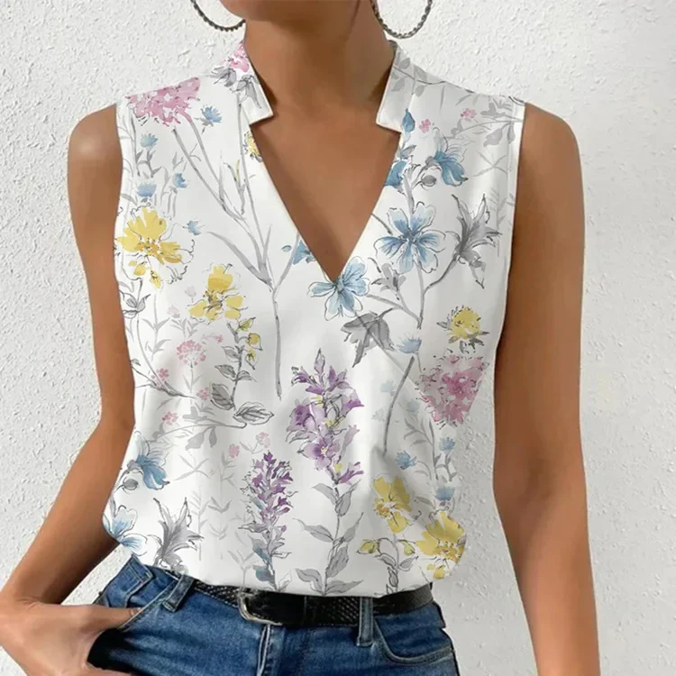 Dames Blouse Mouwloos - Bloemenprint - V-Hals - Zomer Top