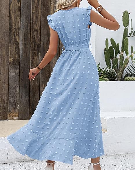 Maxi-jurk met structuurstof en ruches – Elegante zomerjurk met V-hals en strikceintuur