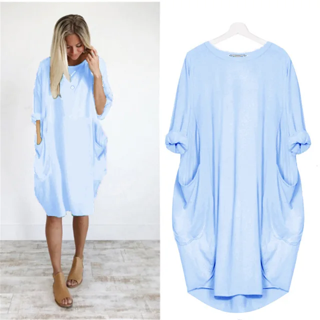 Lange oversized T-shirt jurk met zakken – Casual damesjurk met opgerolde mouwen