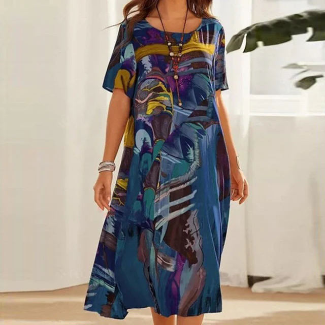 Dames Zomerse Midi Jurk – Losvallend model met abstracte print en korte mouwen