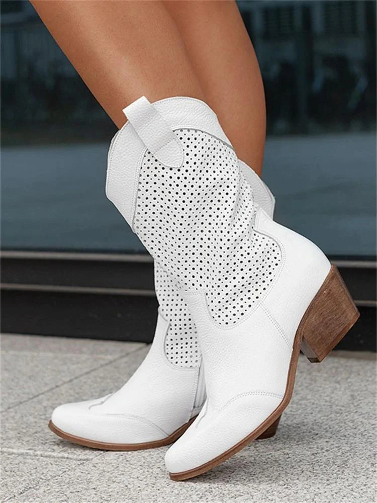 Dames Cowboylaarzen met Geperforeerd Schachtontwerp – Lage Hak en Puntige Neus