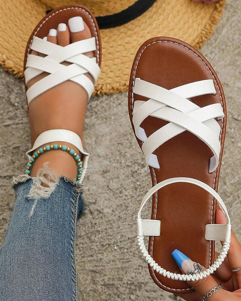 Dames Platte Sandalen met Kruisbanden – Elastische Hielband en Open Teen
