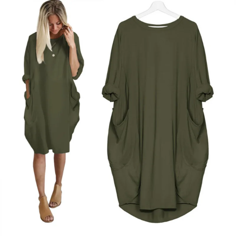 Lange oversized T-shirt jurk met zakken – Casual damesjurk met opgerolde mouwen
