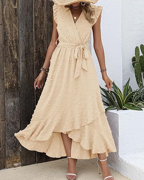 Maxi-jurk met structuurstof en ruches – Elegante zomerjurk met V-hals en strikceintuur