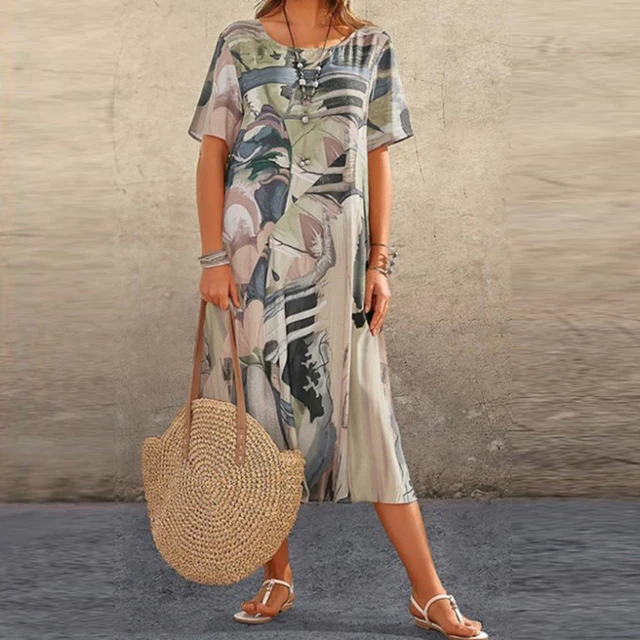 Dames Zomerse Midi Jurk – Losvallend model met abstracte print en korte mouwen