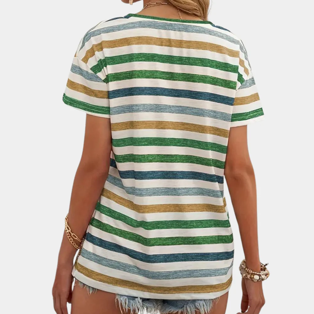 Gestreept dames T-shirt met V-hals – Korte mouwen en rechte pasvorm