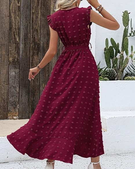 Maxi-jurk met structuurstof en ruches – Elegante zomerjurk met V-hals en strikceintuur