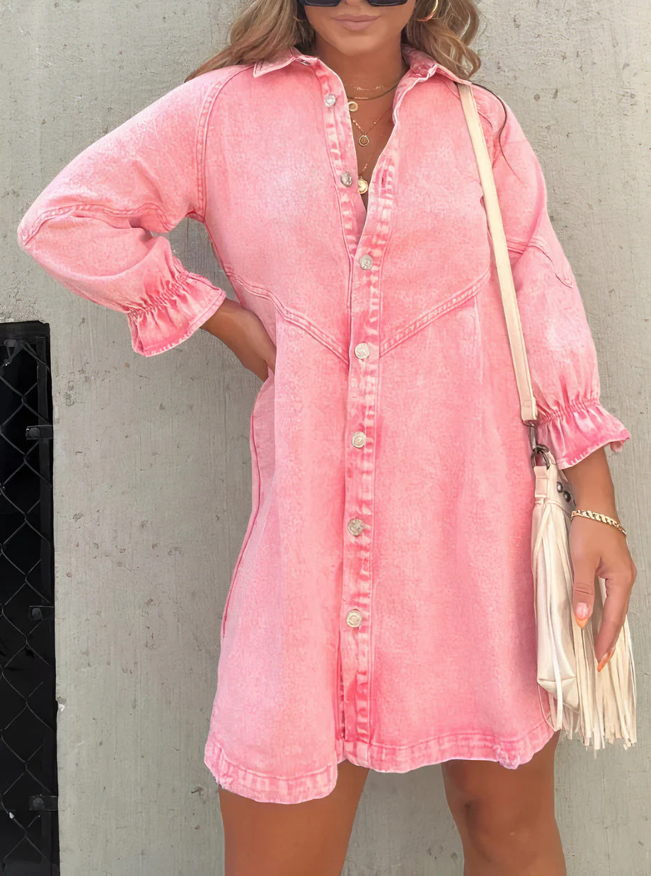 Dames Spijkerjurk met Knoopsluiting – Casual Denim Jurk met Lange Mouwen en Kraag