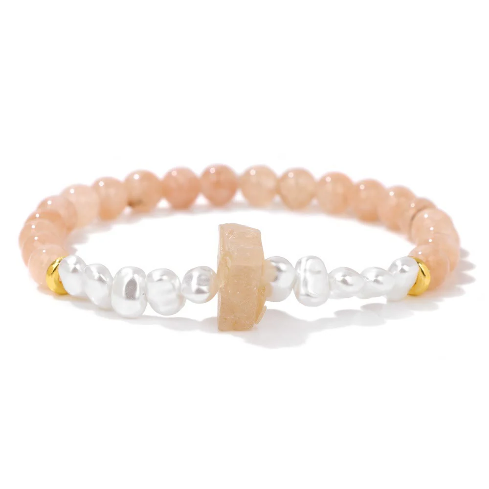 Dames Armband – Elastische Armband met Kruisvormige Natuursteen en Parelaccenten