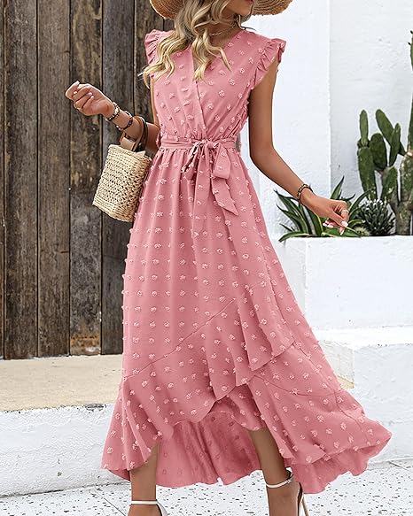 Maxi-jurk met structuurstof en ruches – Elegante zomerjurk met V-hals en strikceintuur