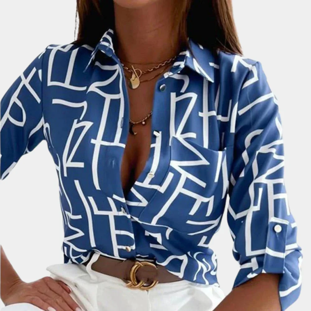 Dames Satijnlook Blouse met Grafische Print – Overhemd met Lange Mouwen