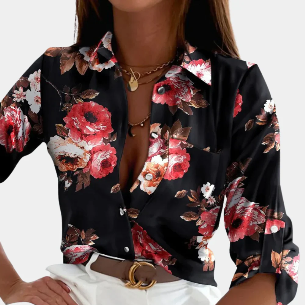 Dames Satijnlook Blouse met Grafische Print – Overhemd met Lange Mouwen