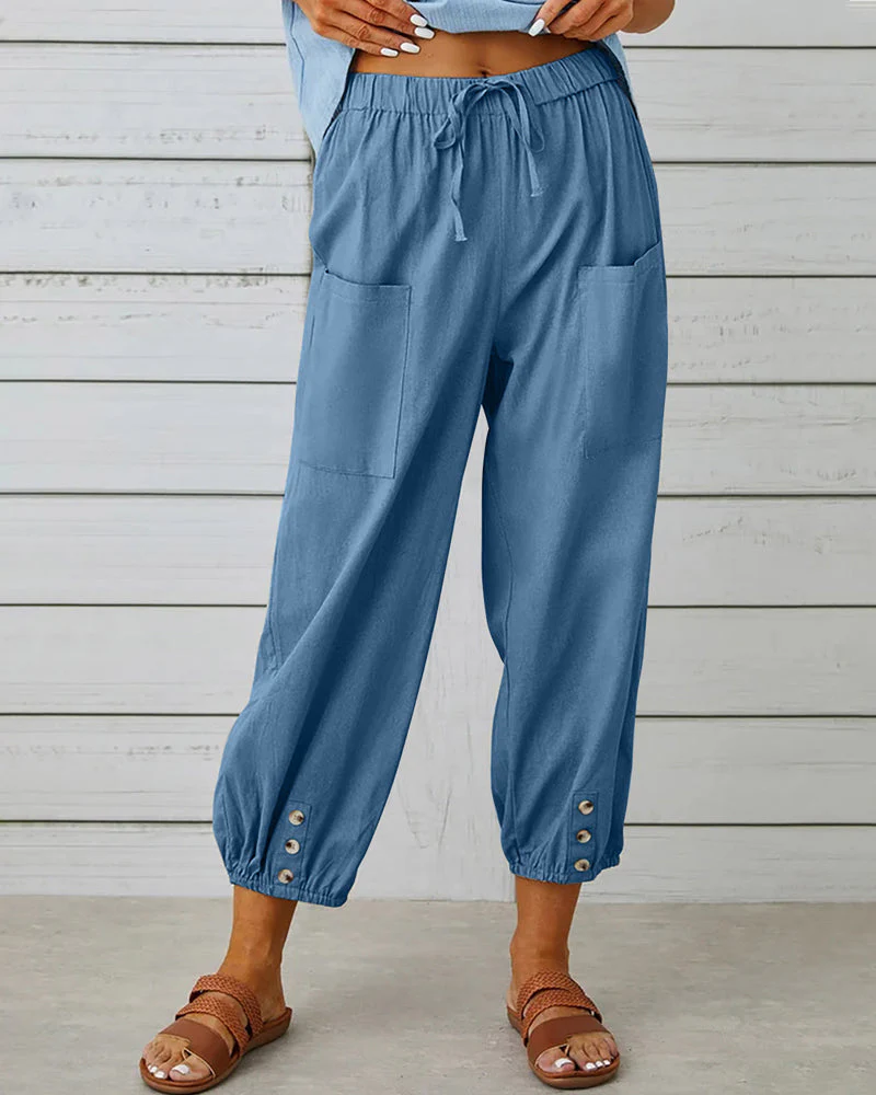 Dames Losse Broek – Luchtige Katoenmix met Elastische Taille en Knoopdetails