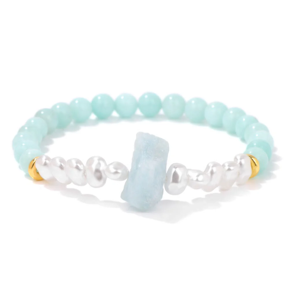 Dames Armband – Elastische Armband met Kruisvormige Natuursteen en Parelaccenten