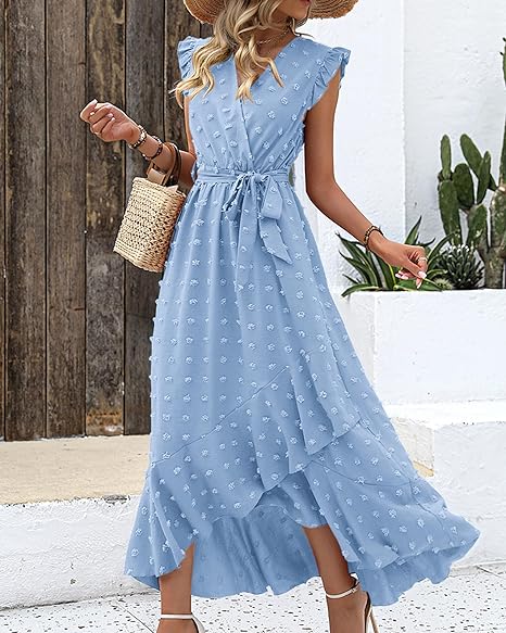 Maxi-jurk met structuurstof en ruches – Elegante zomerjurk met V-hals en strikceintuur