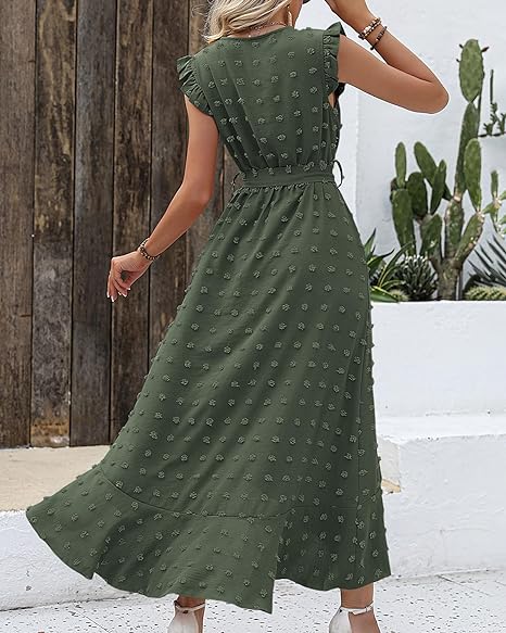 Maxi-jurk met structuurstof en ruches – Elegante zomerjurk met V-hals en strikceintuur