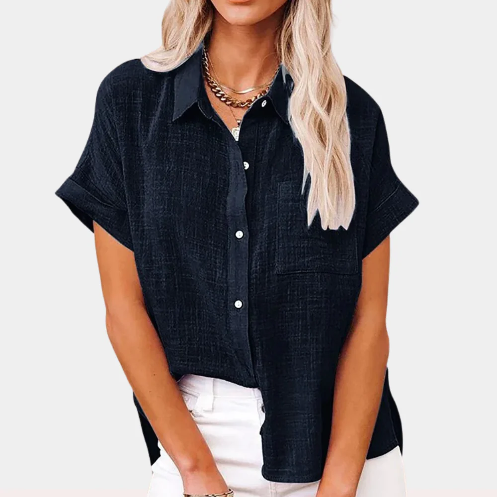 Dames Linnen Blouse met Korte Mouwen – Casual Overhemd met Knopen