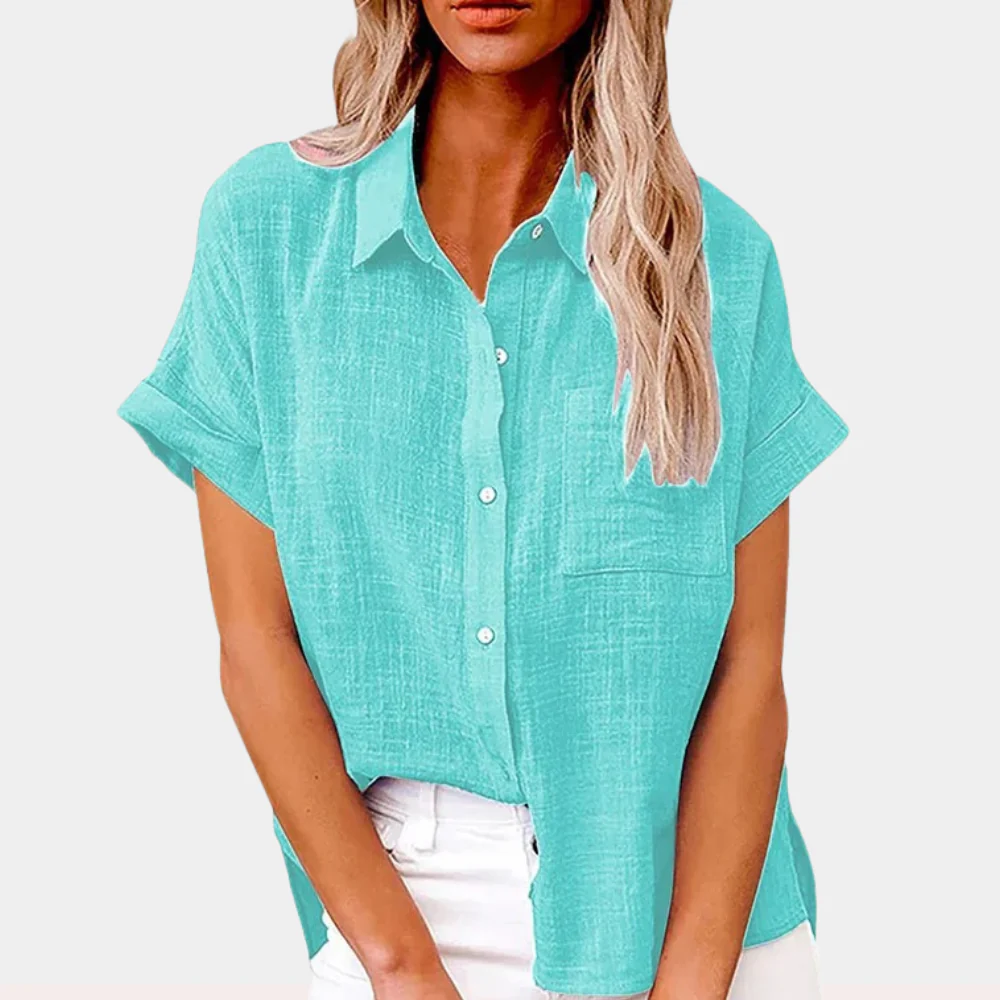 Dames Linnen Blouse met Korte Mouwen – Casual Overhemd met Knopen