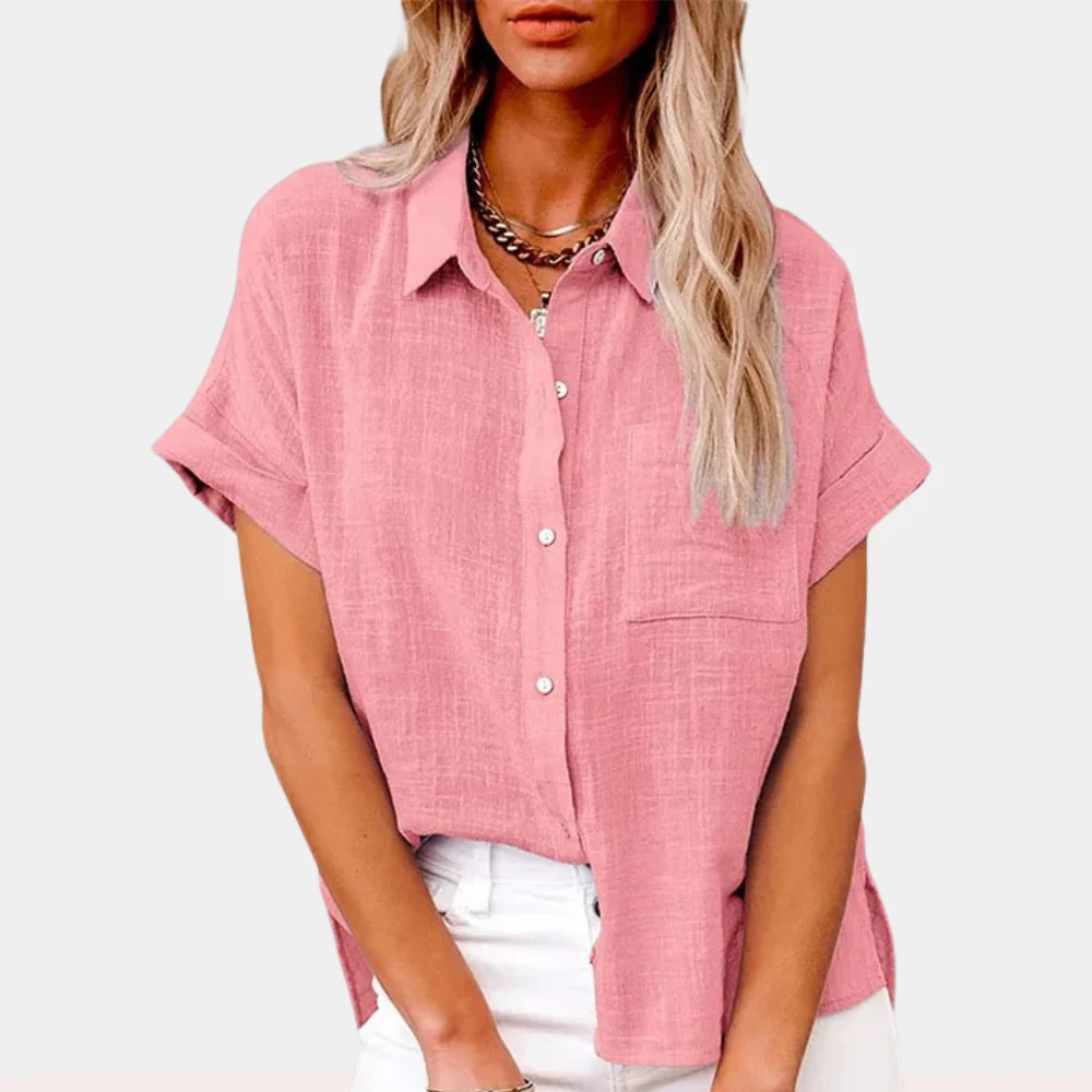 Dames Linnen Blouse met Korte Mouwen – Casual Overhemd met Knopen