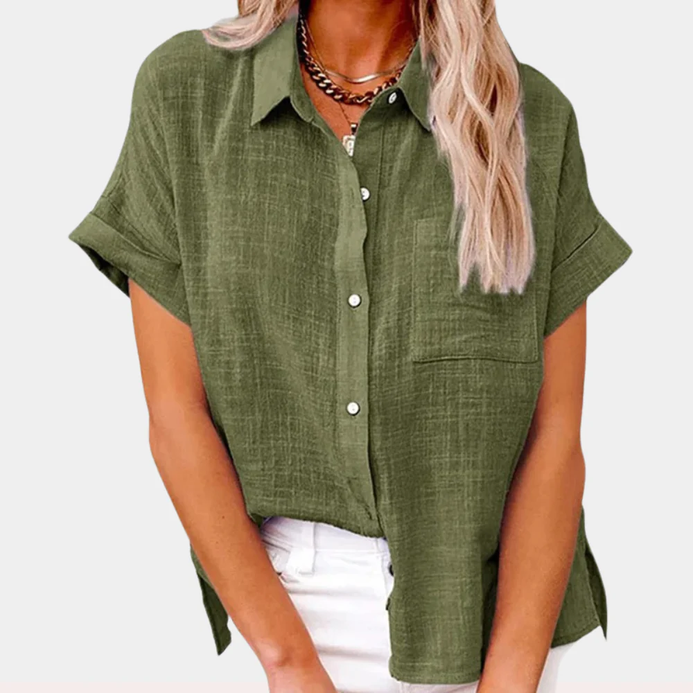 Dames Linnen Blouse met Korte Mouwen – Casual Overhemd met Knopen