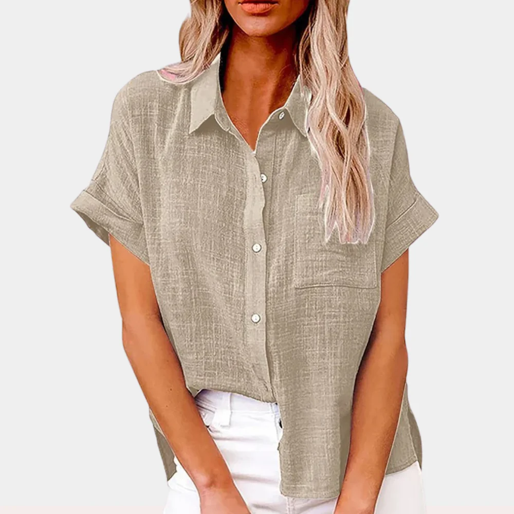 Dames Linnen Blouse met Korte Mouwen – Casual Overhemd met Knopen