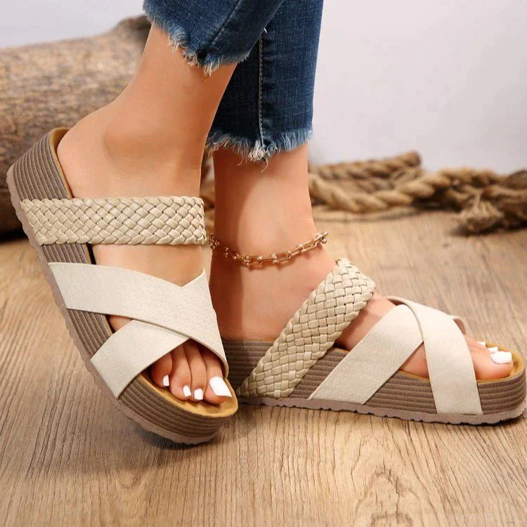 Dames Instapsandalen – Gevlochten Plateau Slippers met Kruisbanden