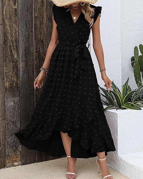Maxi-jurk met structuurstof en ruches – Elegante zomerjurk met V-hals en strikceintuur