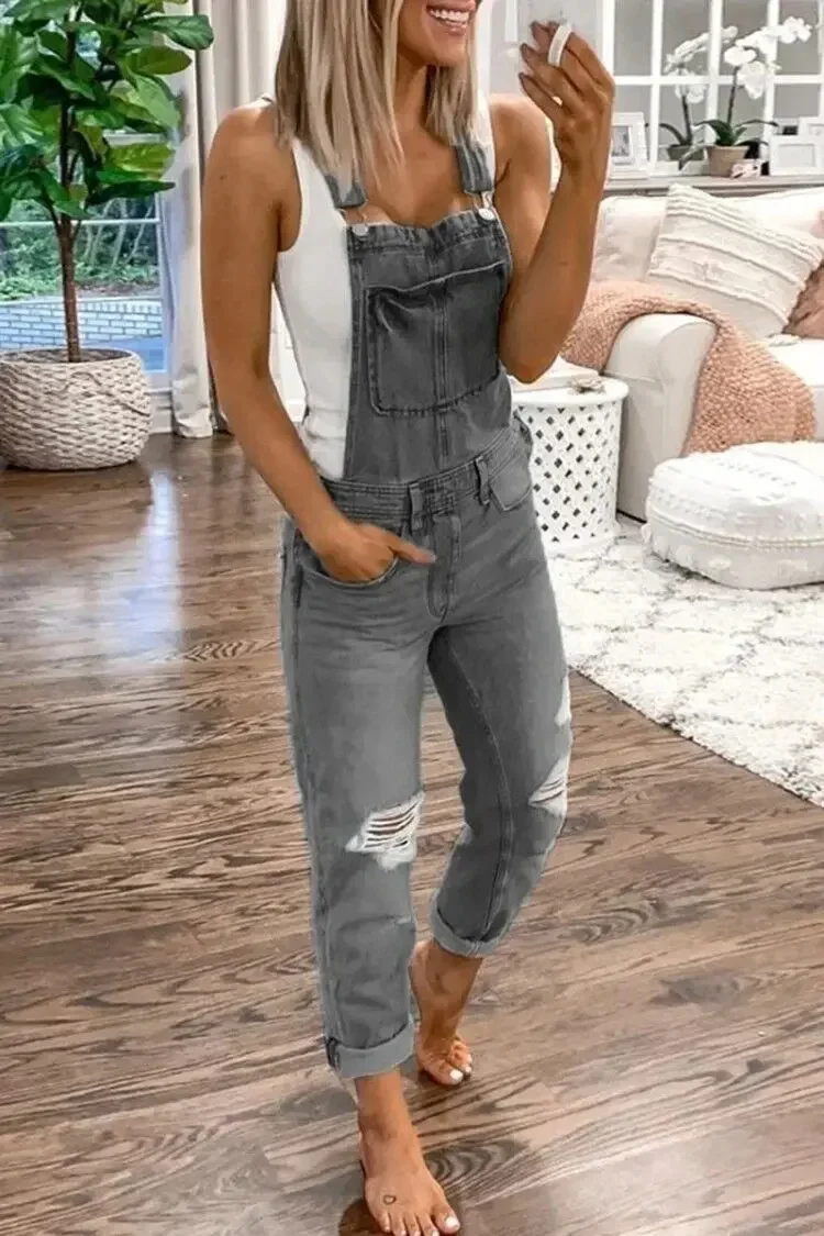 Dames Tuinbroek – Casual Denim Overall met Scheuren en Verstelbare Bandjes