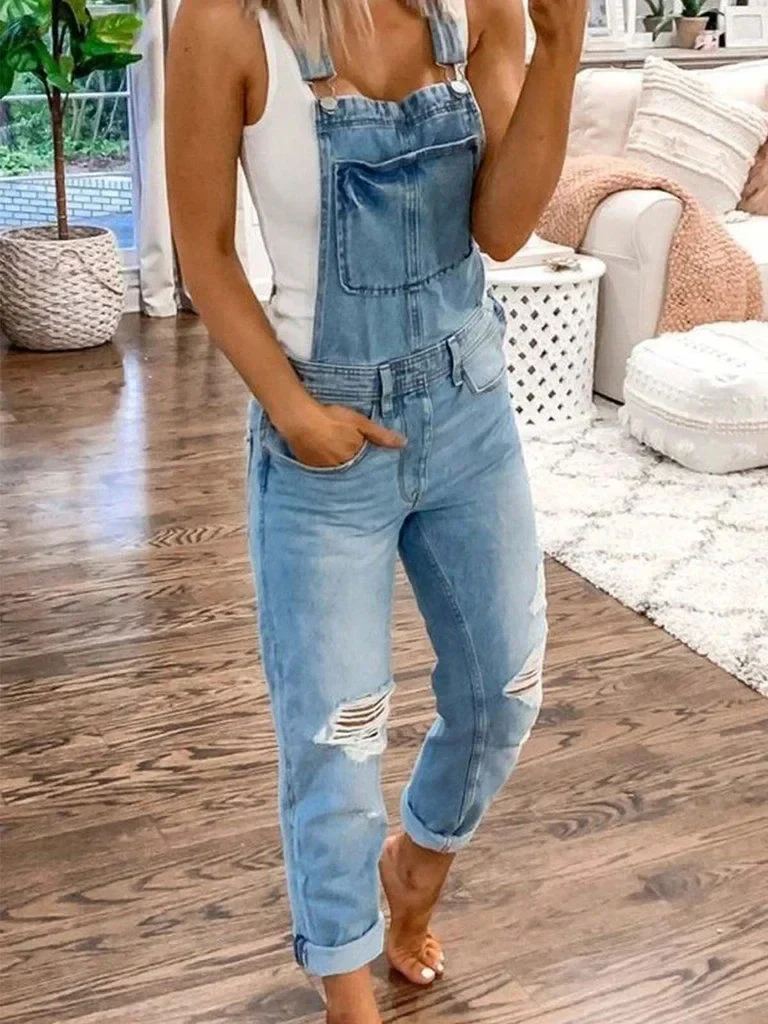 Dames Tuinbroek – Casual Denim Overall met Scheuren en Verstelbare Bandjes