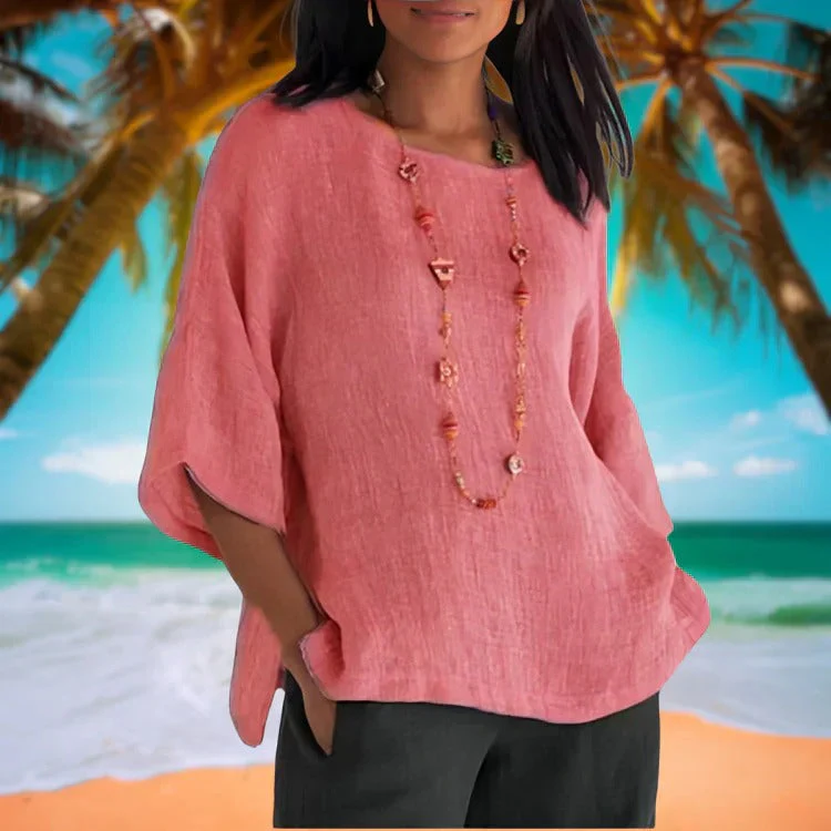 Dames katoenmix Zomerblouse met Wijde Pasvorm – Top met Driekwart Mouwen