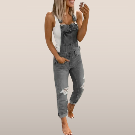Dames Tuinbroek – Casual Denim Overall met Scheuren en Verstelbare Bandjes