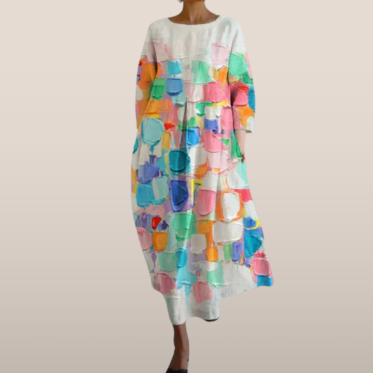 Lange Jurk Dames – Abstract Print Casual Maxi Jurk met Lange Mouwen