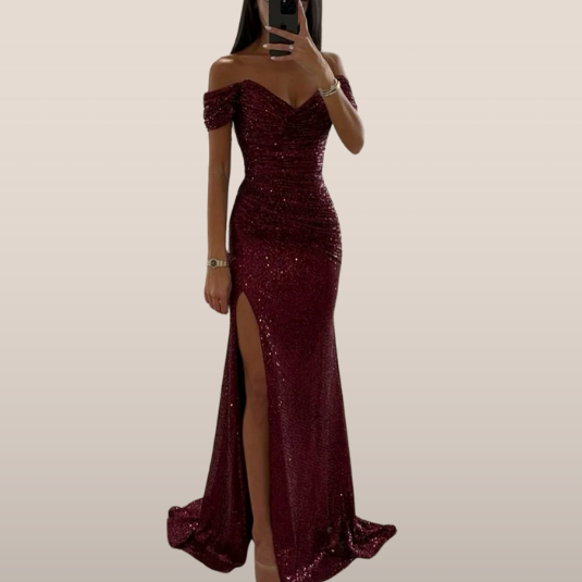 Off Shoulder Maxi Jurk – Pailletten & Hoge Split