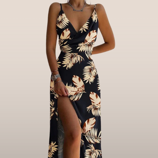 Maxi-jurk met tropische print – Zomerjurk met split en spaghettibandjes