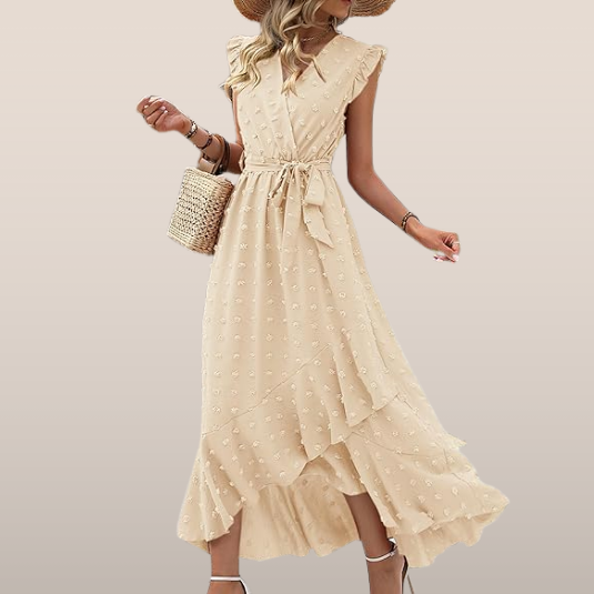 Maxi-jurk met structuurstof en ruches – Elegante zomerjurk met V-hals en strikceintuur