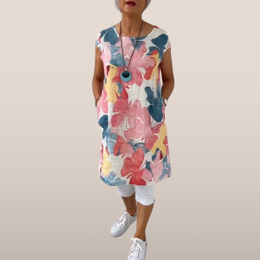 Dames Jurk - Bloemenprint - Linnen Look - Mouwloos - Zomerjurk